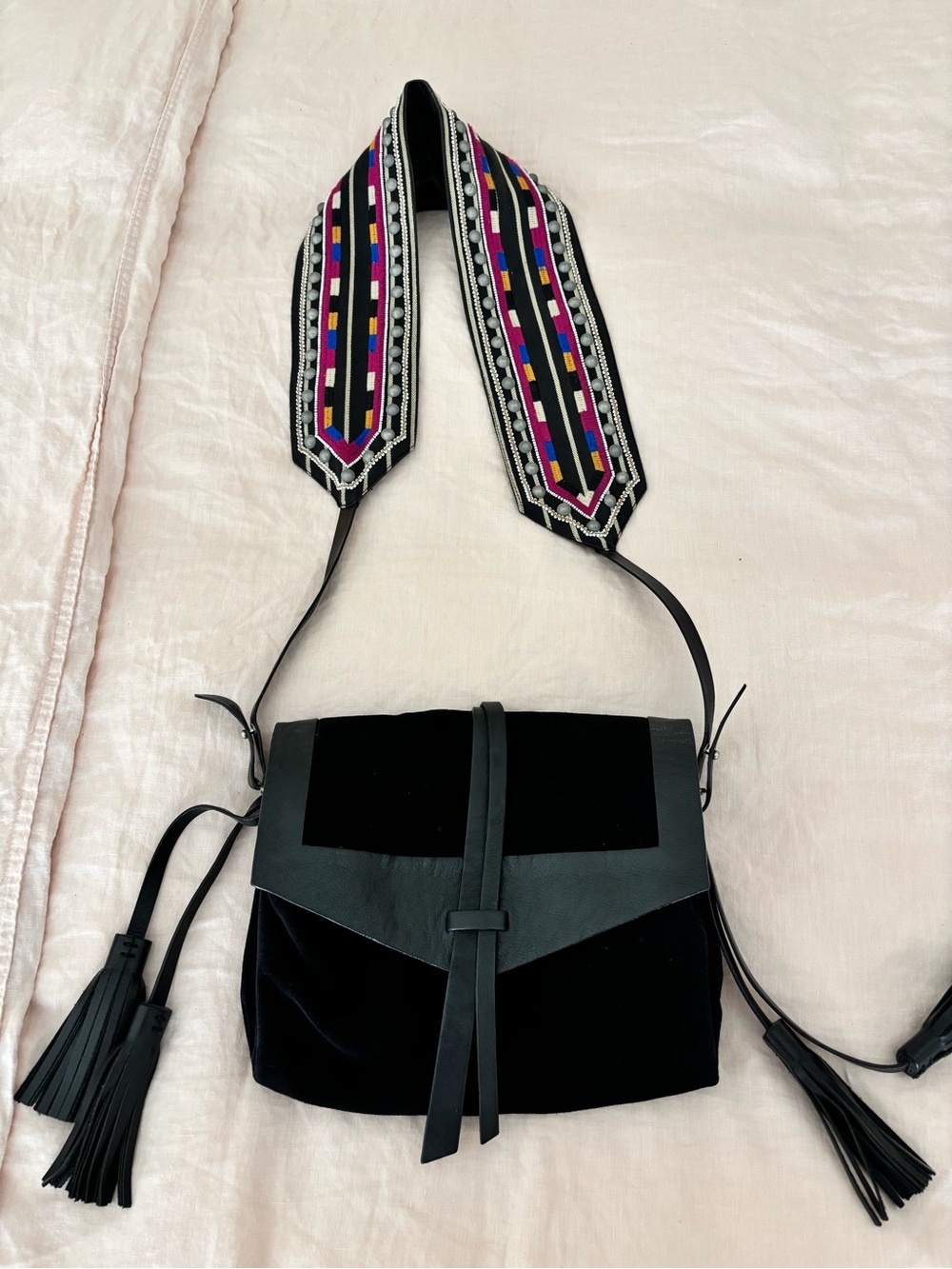 Isabel Marant Hira Black Suede Leather Crossbody Bag with Embroidered Strap